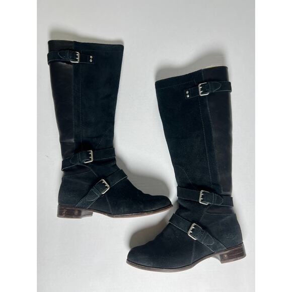 UGG Cyndee Riding Boots Suede and Leather Black, Sherpa Lined, Size 7 - Picture 1 of 10